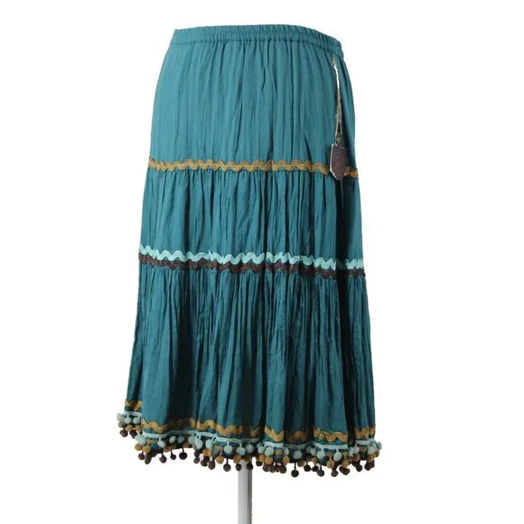 Double D Ranch Sz M Teal Blue Brown Multi Elastic Waist 100% Viscose Skirt